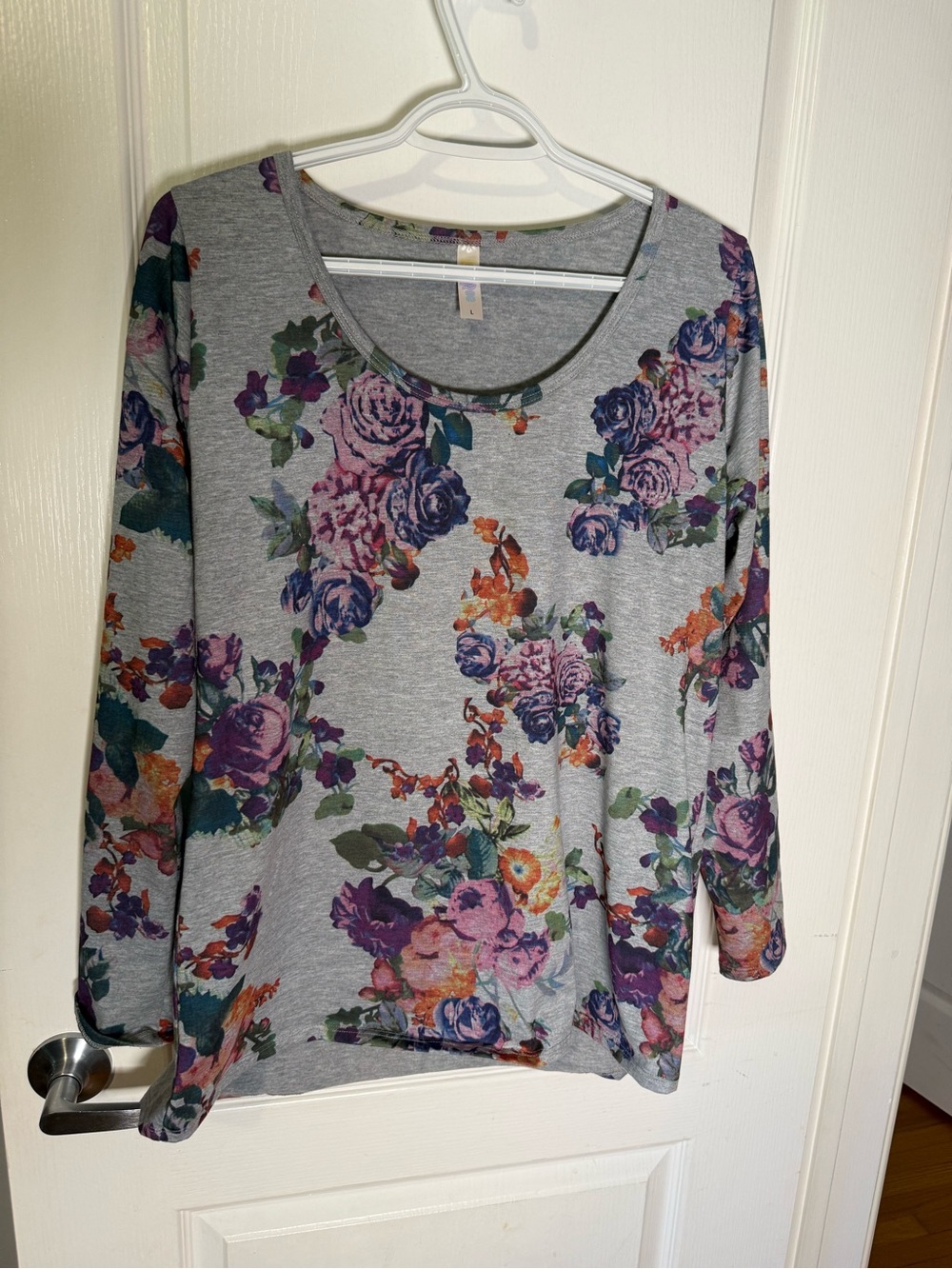LuLaRoe Gray Floral Scoop Neck Long Sleeve Top